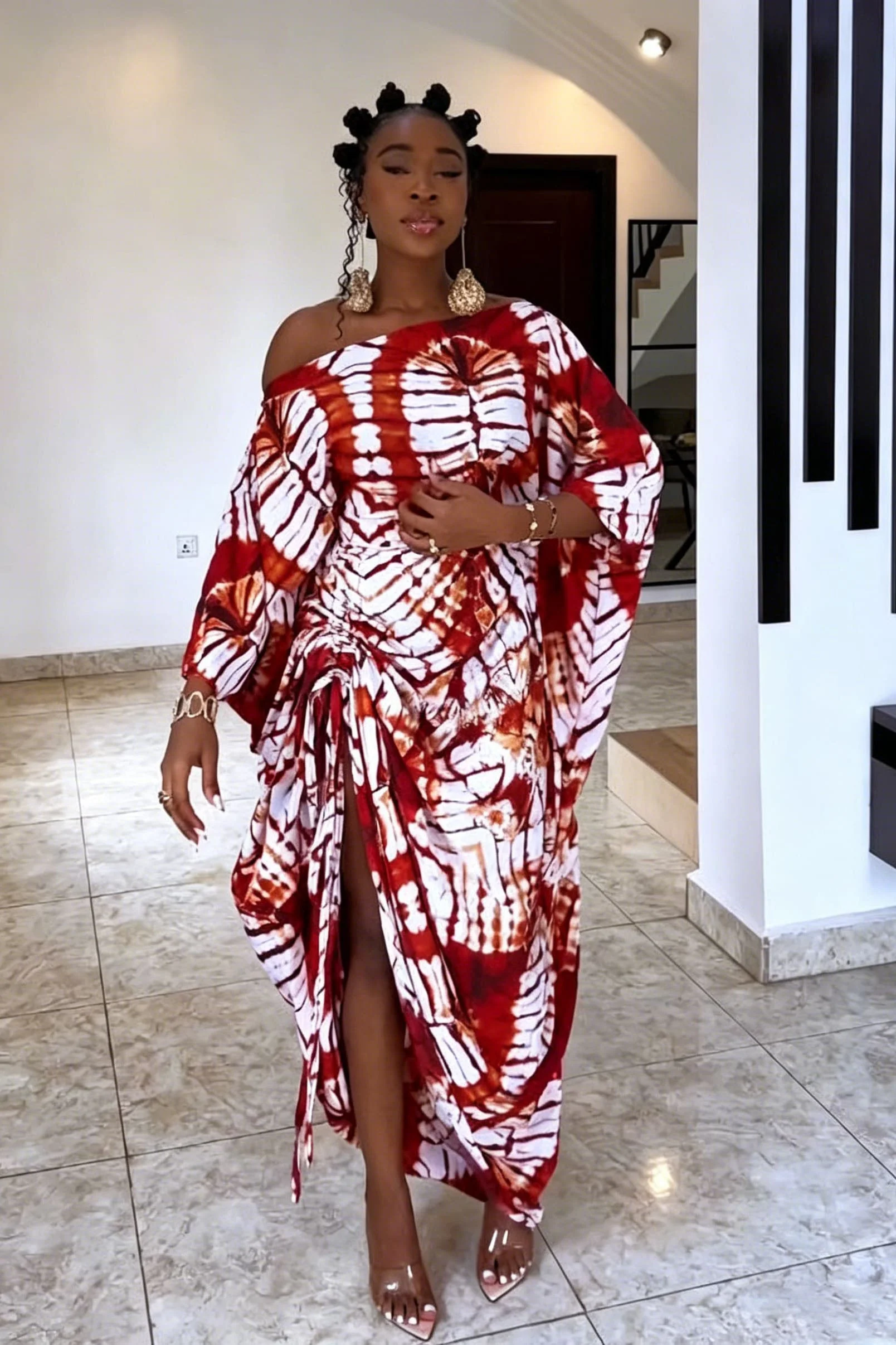 Radial Pattern Off-Shoulder Maxi Dress