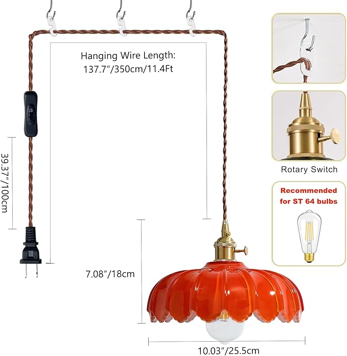 LUMISCAPE Plug in Pendant Light: Glass Hanging Lamp Plug in