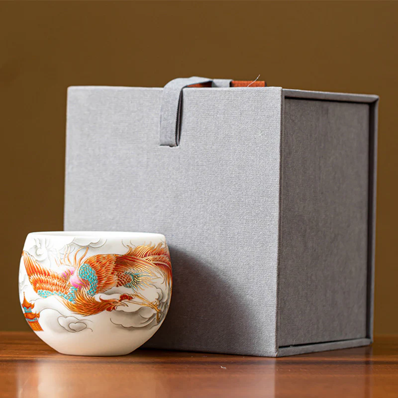 Dragon Phoenix Auspicious Clouds Ceramic Teacup Kung Fu Tea Cup With Gift Box
