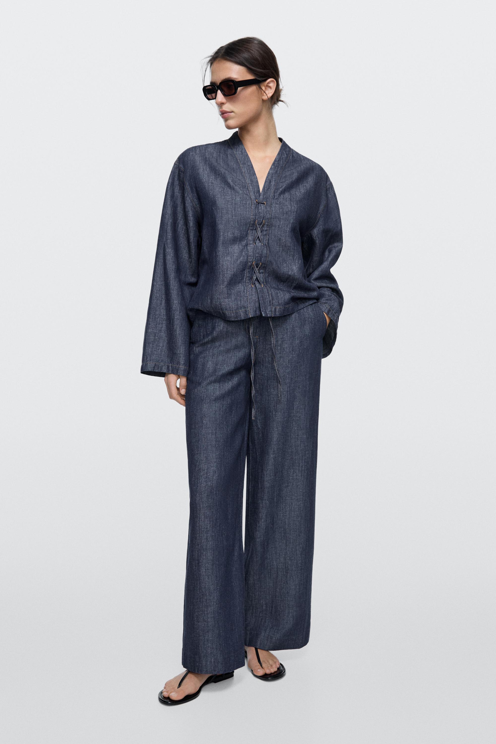 Pantalón wide leg denim con lino total look
