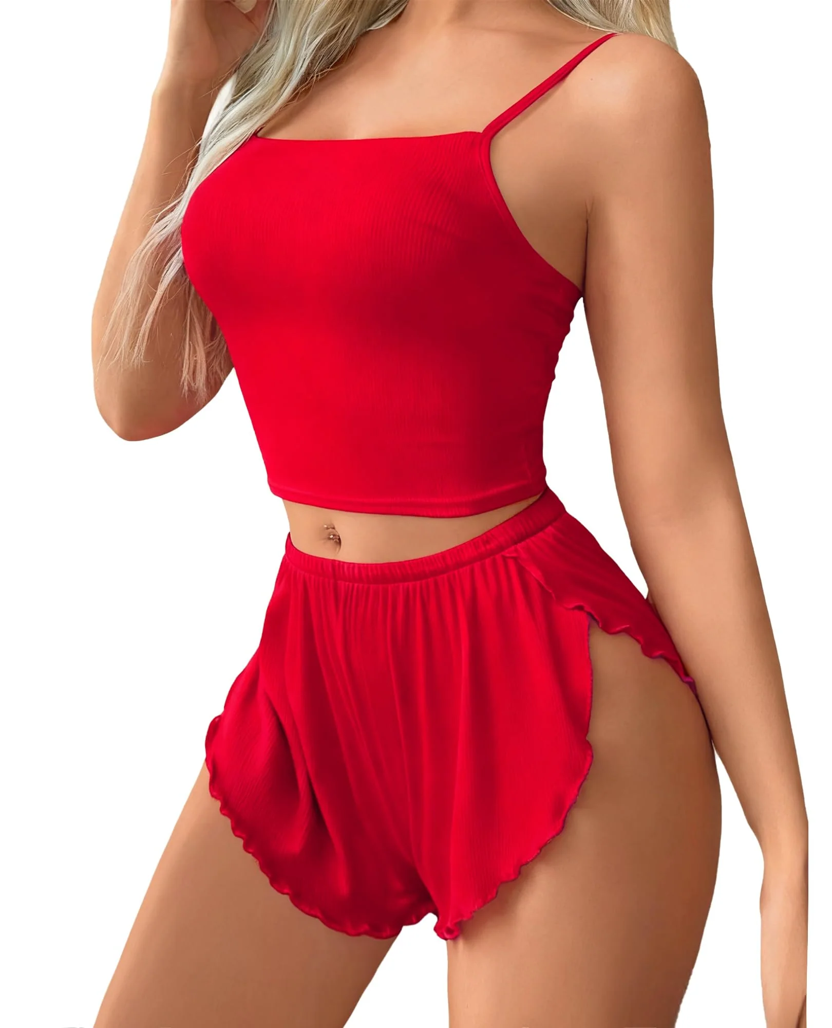Women's Pajama Sets 2 Piece PJ Sets for Women Sleepwear Ribbed Pajama Side Slit Nightwear Lingerie Red X-Large