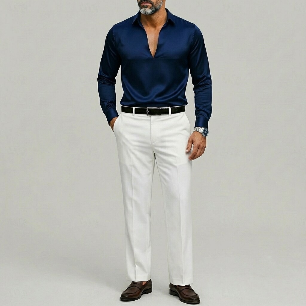 Men's Business Solid Satin V Neck Long Sleeve Shirts