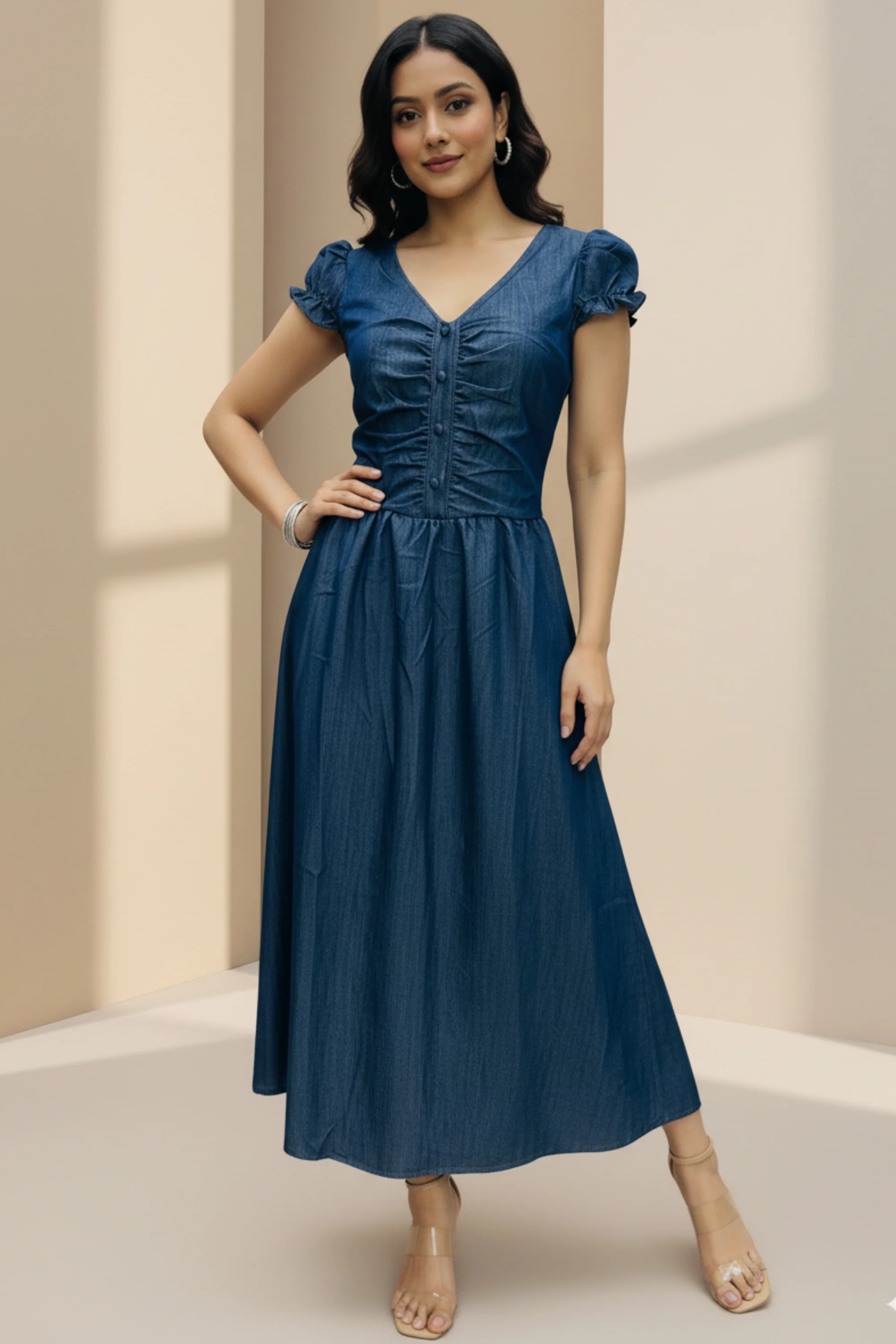 Cotton Denim V-Neck Puff Sleeve Dress