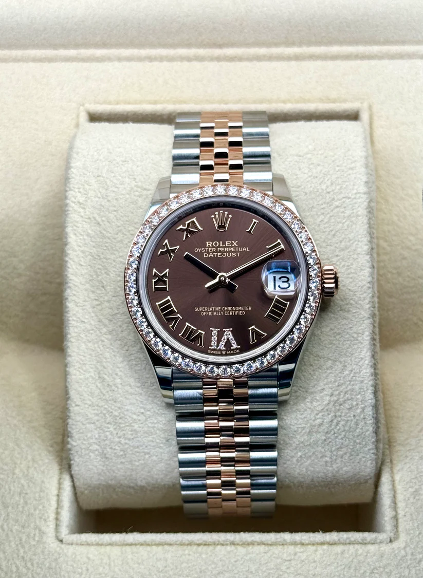 【Super Clone】RLX Datejust m278381-0005/0006 Chocolate Roman Diamond 31mm Dial Diamond-Set Bezel and Oyster Bracelet Watch