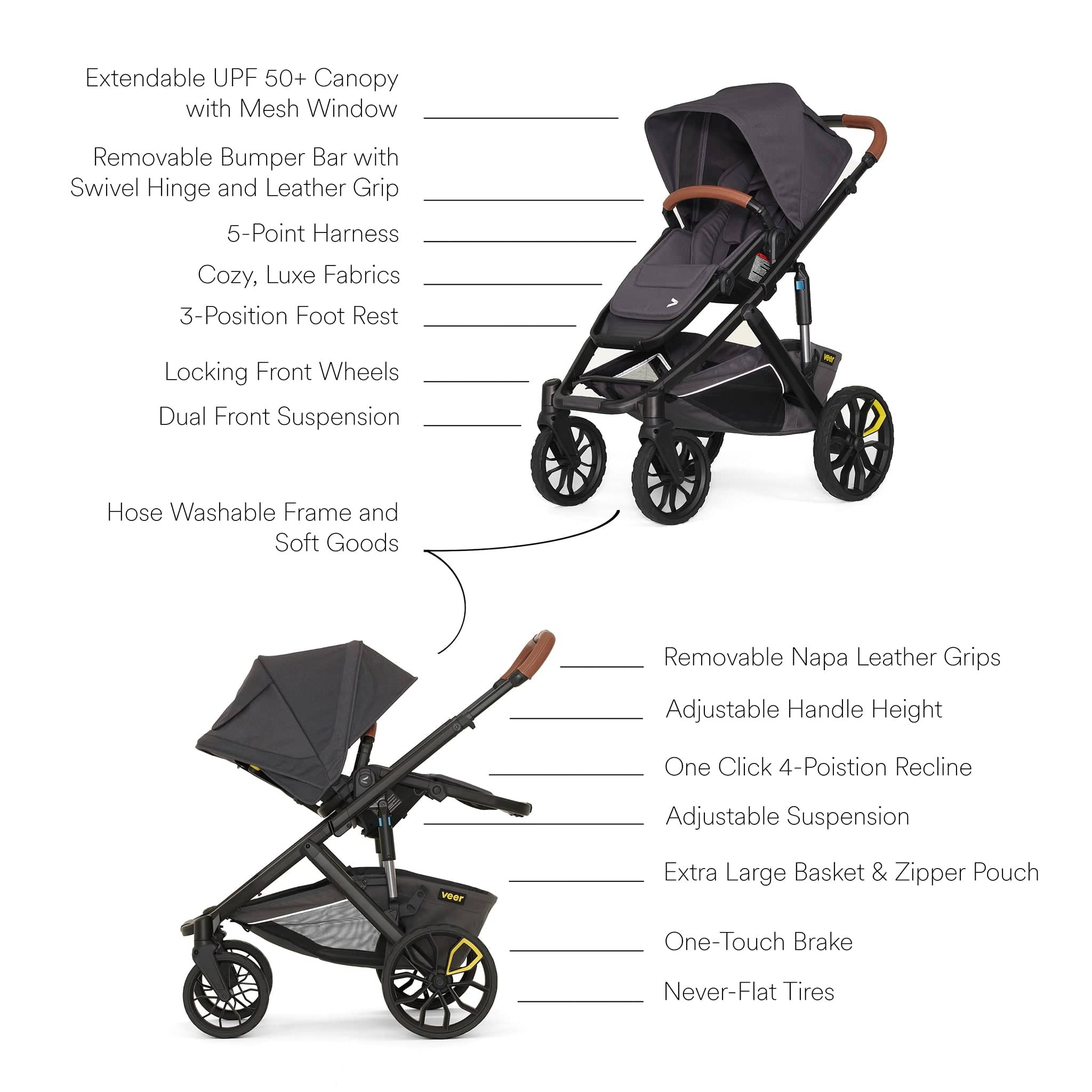 Veer Switch&Roll Luxe Single-to-Double Stroller Bundle with Leather Kit - Gray Granite