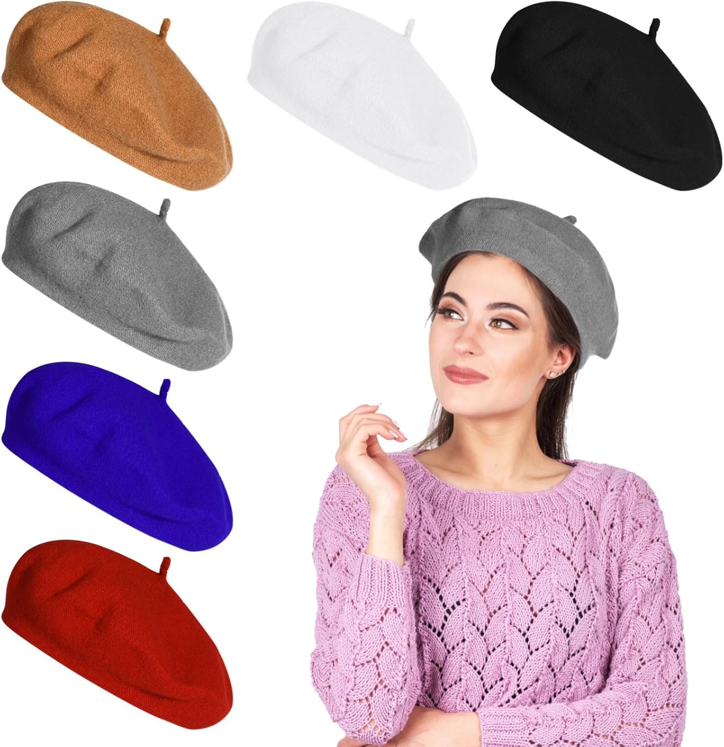 6 PCS Beret Hats, Woolen Blend Beret Caps