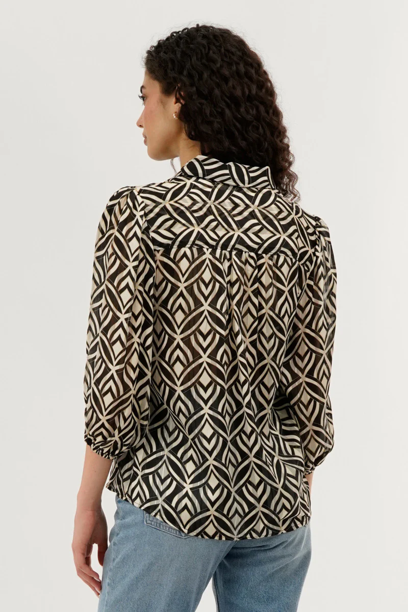 Patterned Sheer Button Down Blouse - Cream