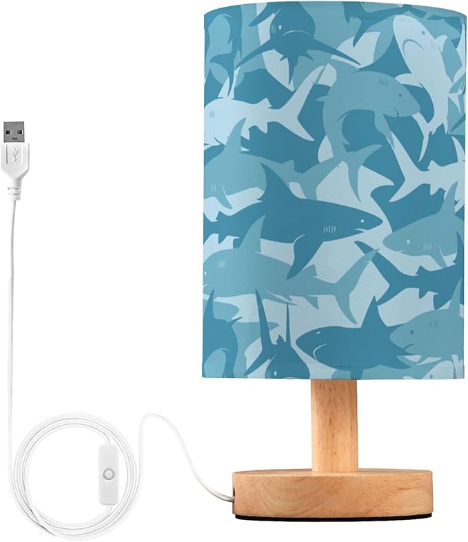 Table Lamp Blue Shark Pattern Marine Animal Nightstand Lamp
