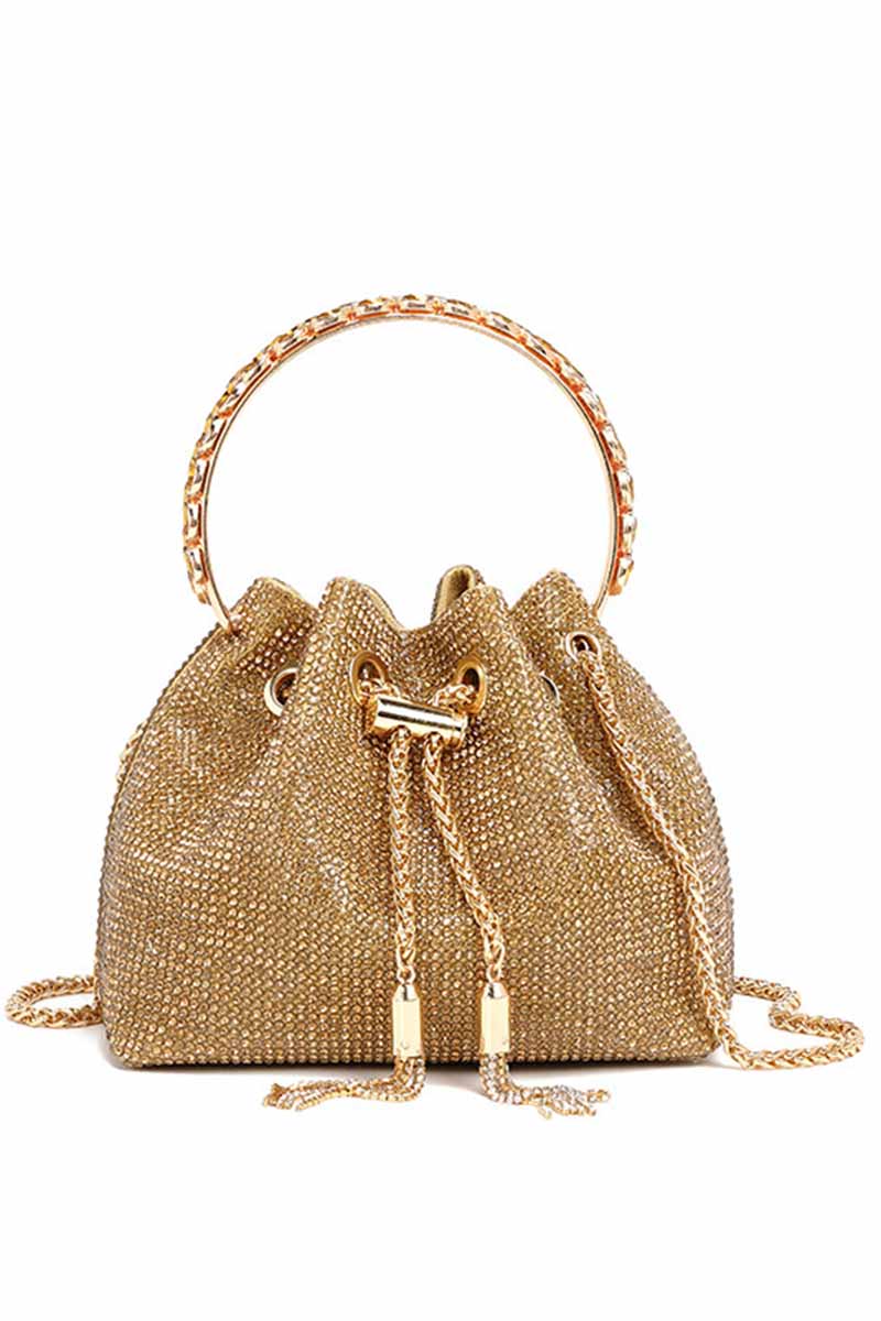 Rhinestone Drawstring Metal Chain Fringe Dinner Party Handbag