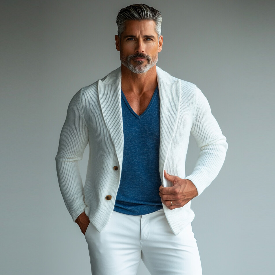 Men's Solid Knitted Peak Lapel Two Button Long Sleeve Jacket