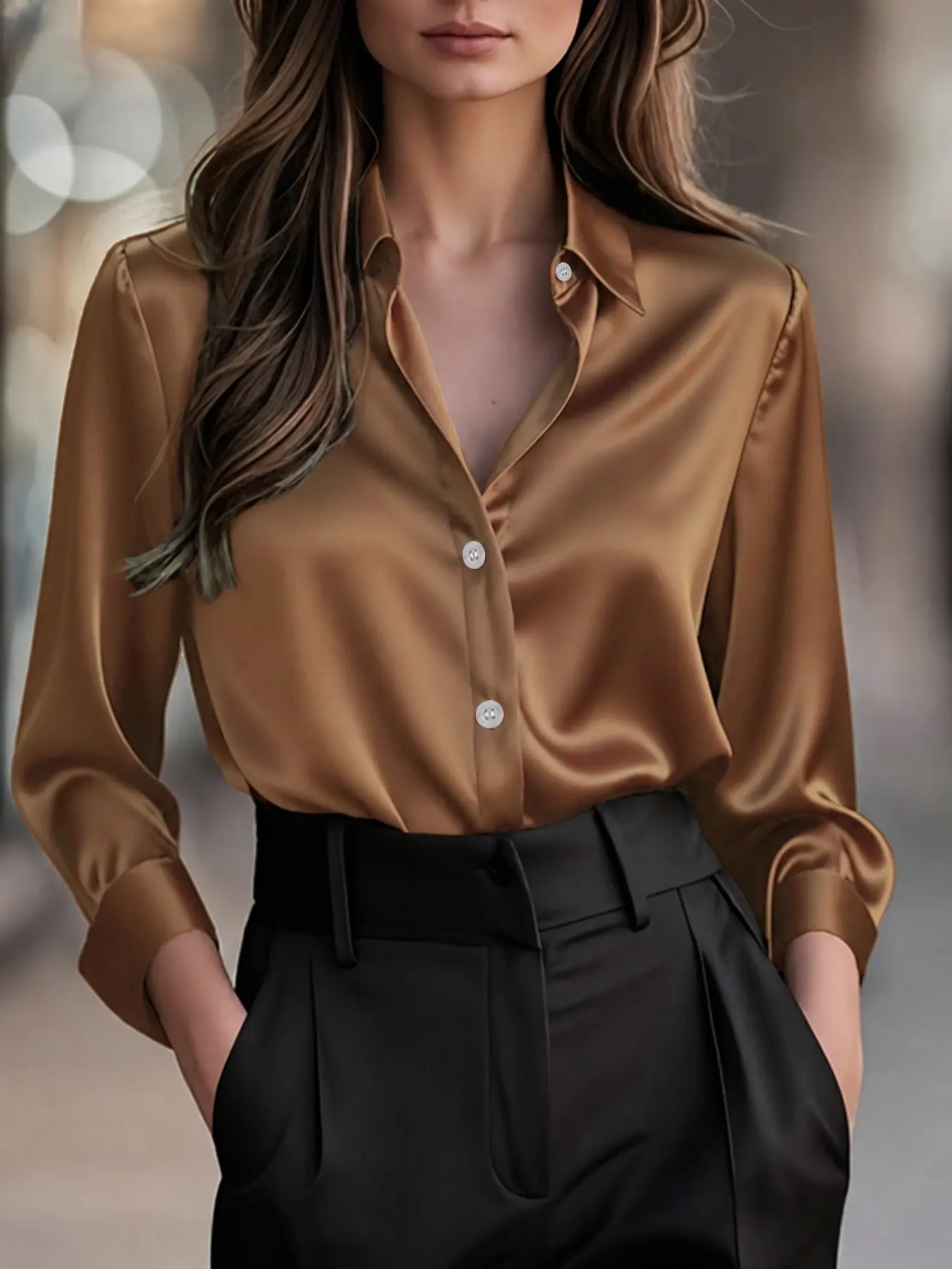 Women's Versatile Satin Long-sleeved Fitted Shirt Blouse for Commuting