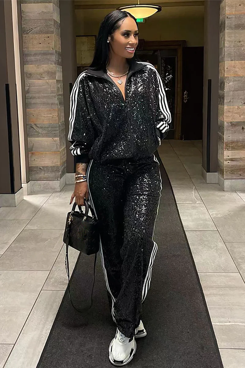 Striped Pattern Sequin Long Sleeve Jacket Straight Leg Pants Matching Set-Black