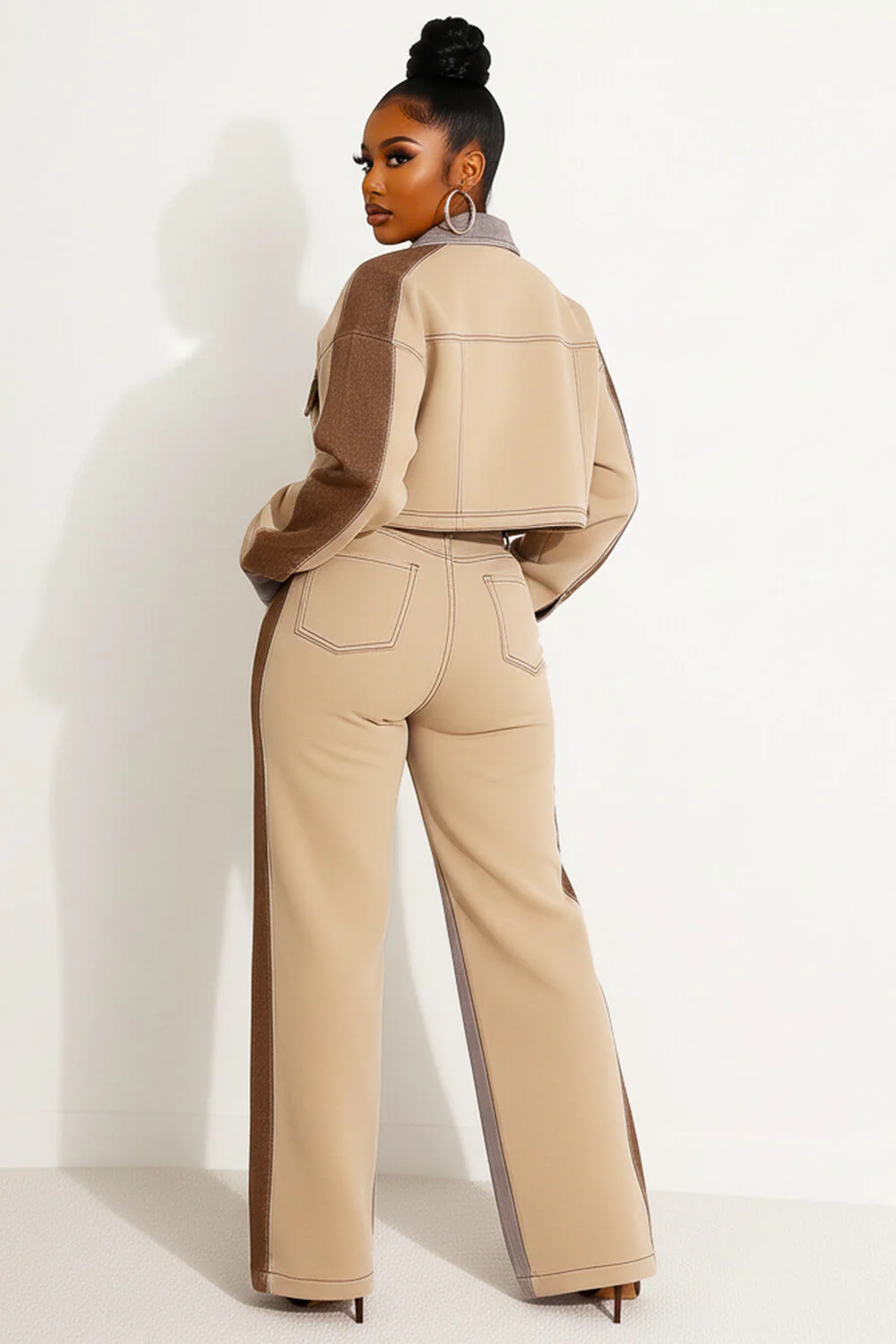 Seam Detail Patchwork Crop Jacket Wide Leg Pants 2pcs Set-Beige