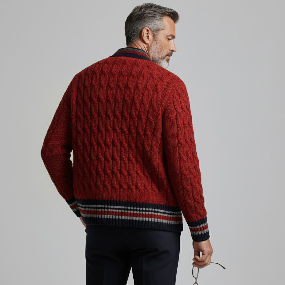 Men's Red Contrast Stripe Trim Cable Knit V Neck Long Sleeve Button Sweater Cardigan
