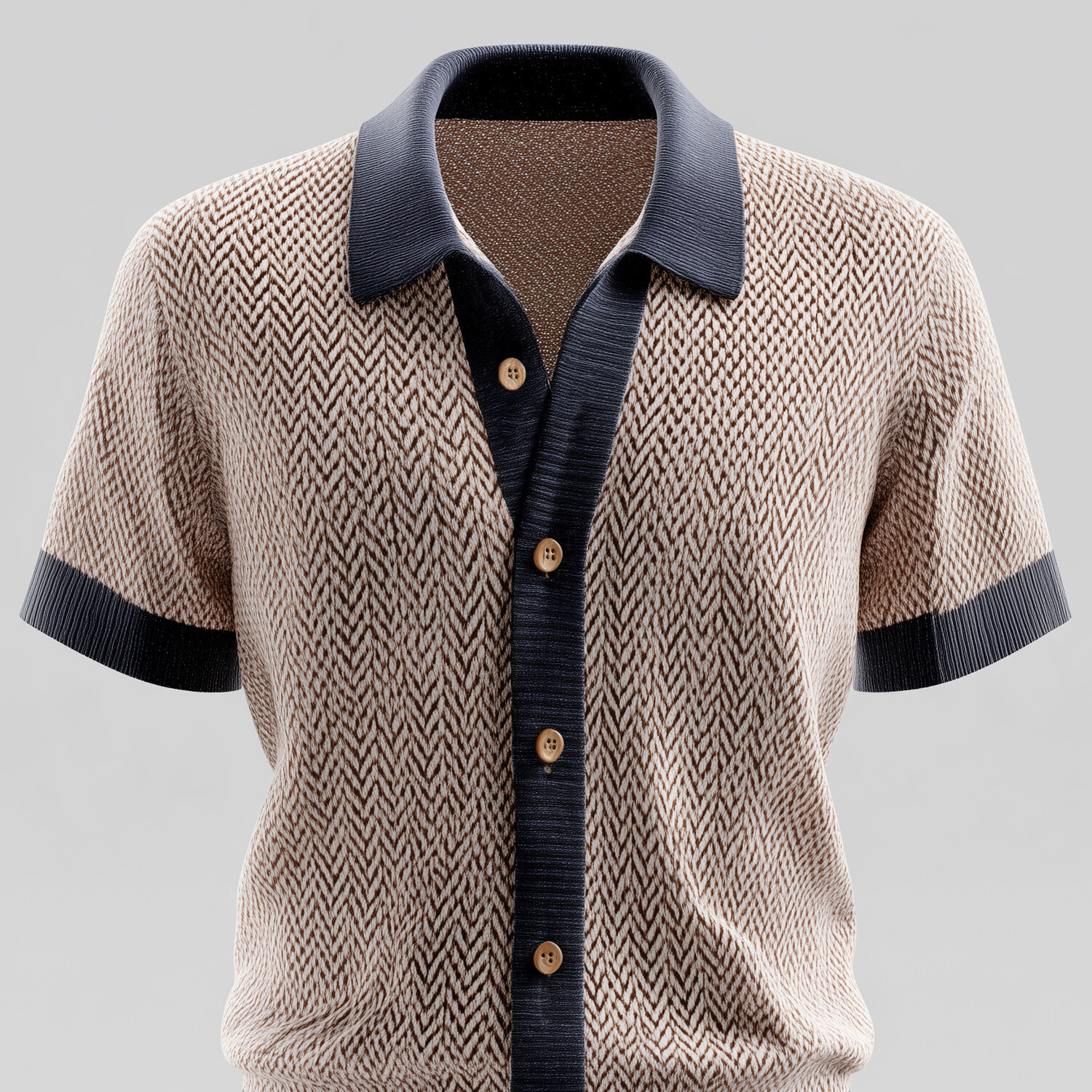 Men's Herringbone Pattern Knit Contrast Trims Button Short Sleeve Shirt