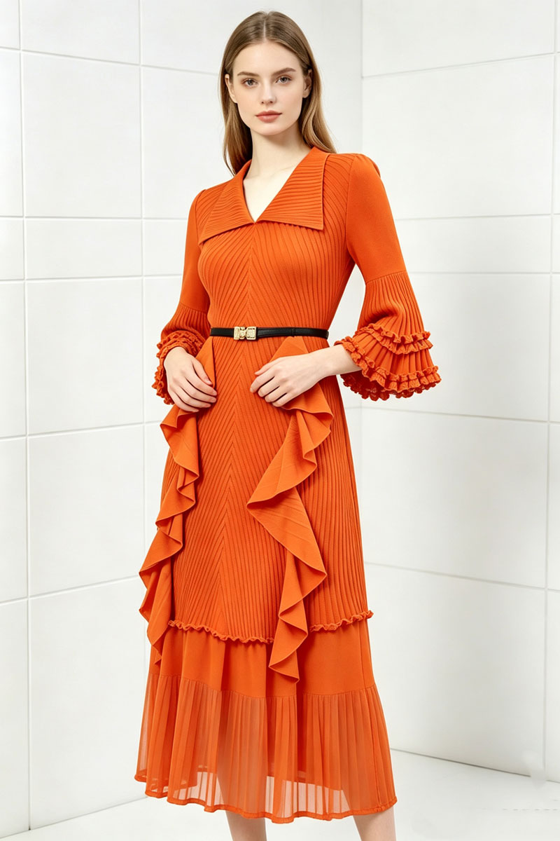 Loose pinched waist lapel long dress lotus leaf edges fold dress