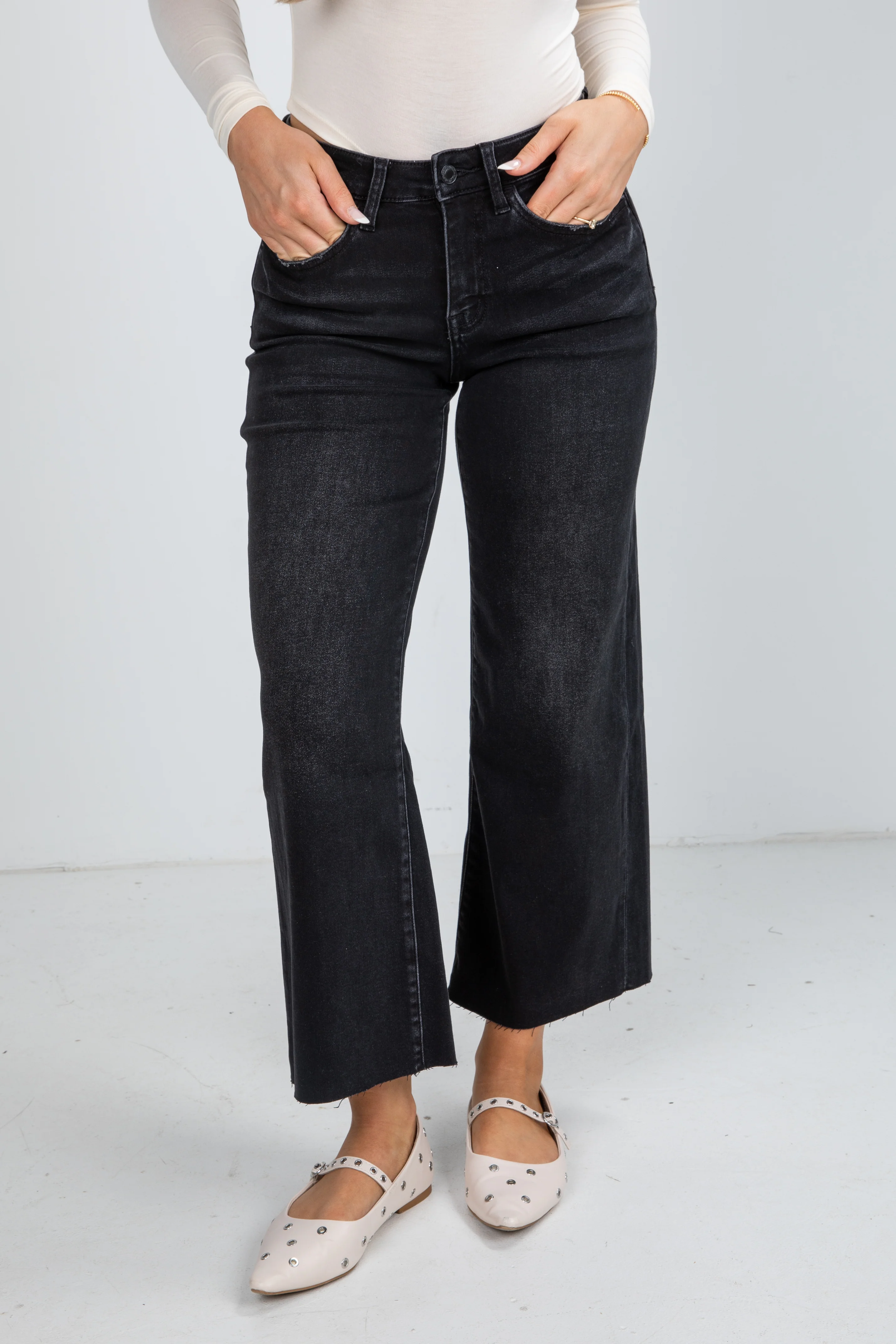 FINAL SALE - Aileeah Black High-Rise Slim Wide Leg Jeans