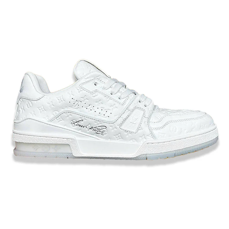 L.V  Trainer Sneaker – Triple White Monogram Embossed Edition