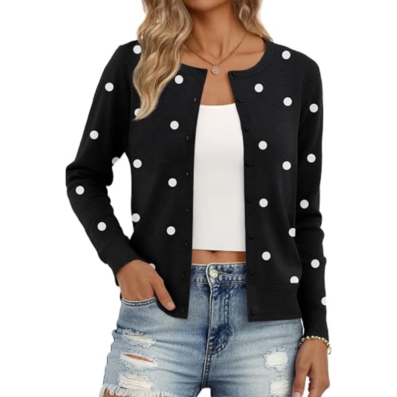 Women Lightweight Striped Knit Cardigan Crew Neck Button‑Down Long Sleeve Cropped Casual Knit Outerwear