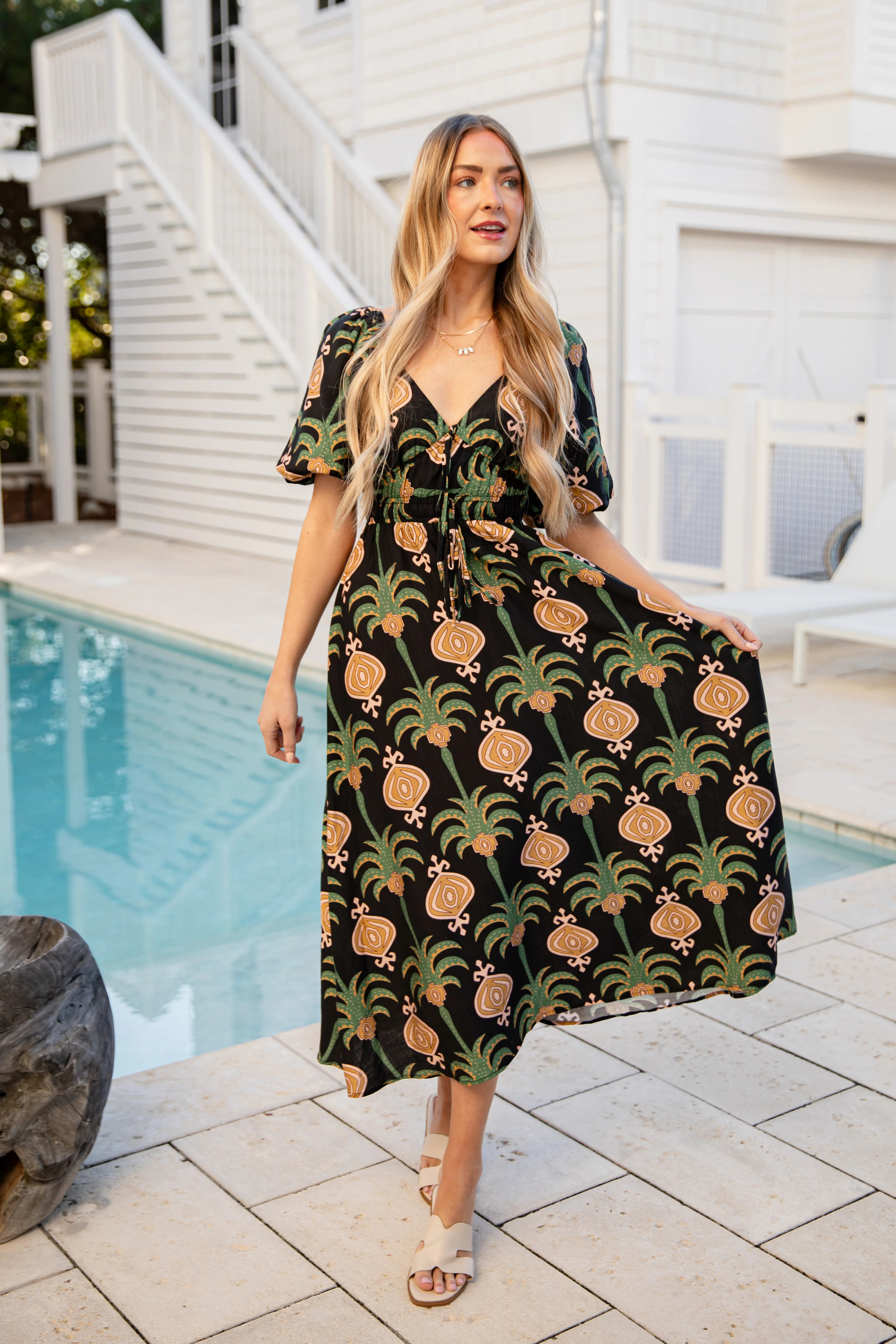Greenhouse Garden Print Black Midi Dress