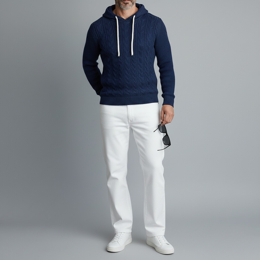 Men's Navy Blue Cable Knit Long Sleeve Drawstring Hooded Sweater