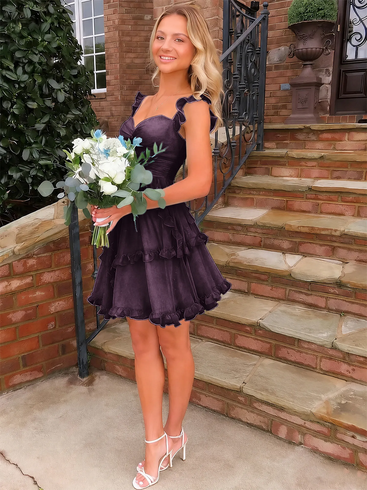 Sweetheart Ruffle Strap Tiered Chiffon Mini Homecoming Dress