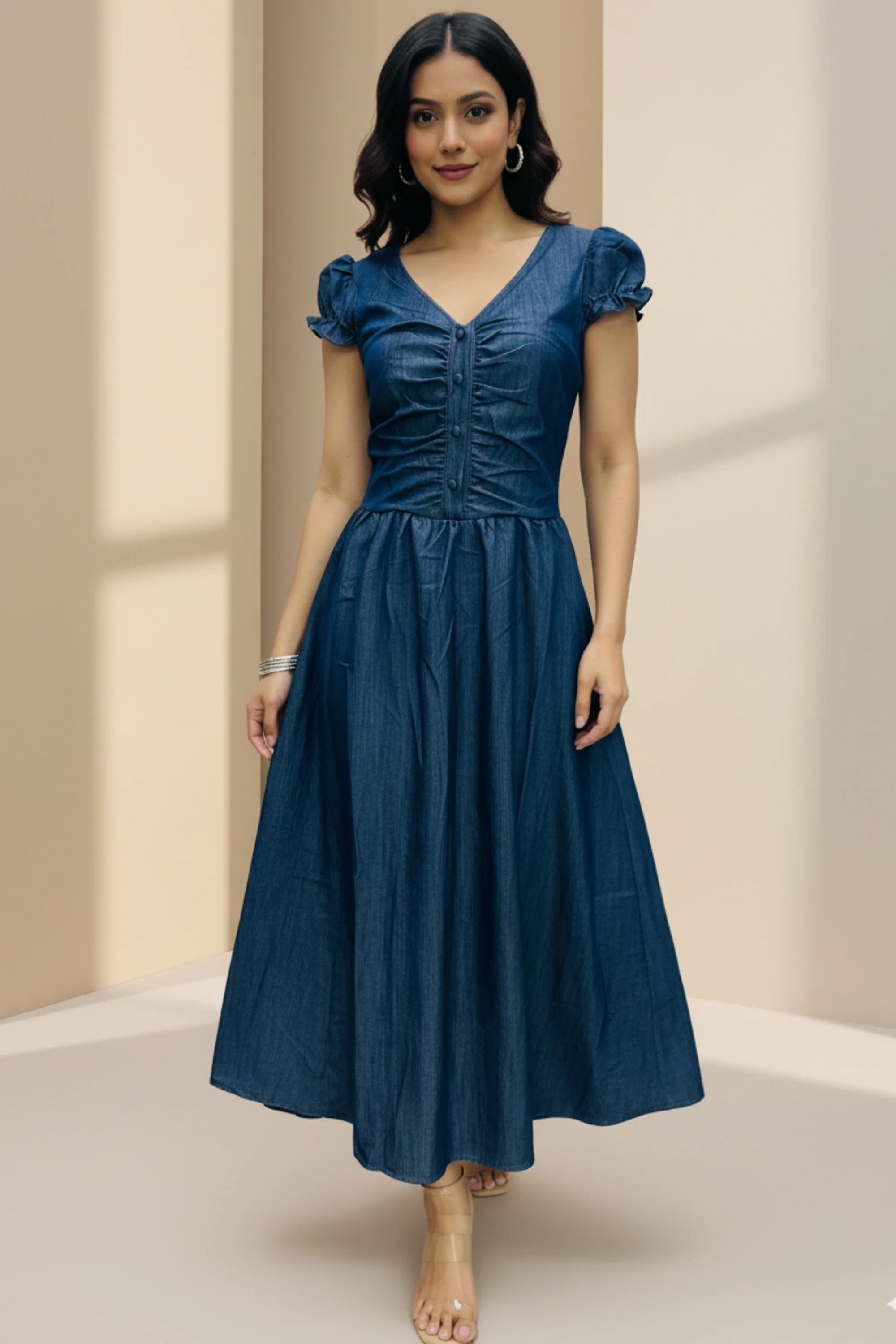 Cotton Denim V-Neck Puff Sleeve Dress