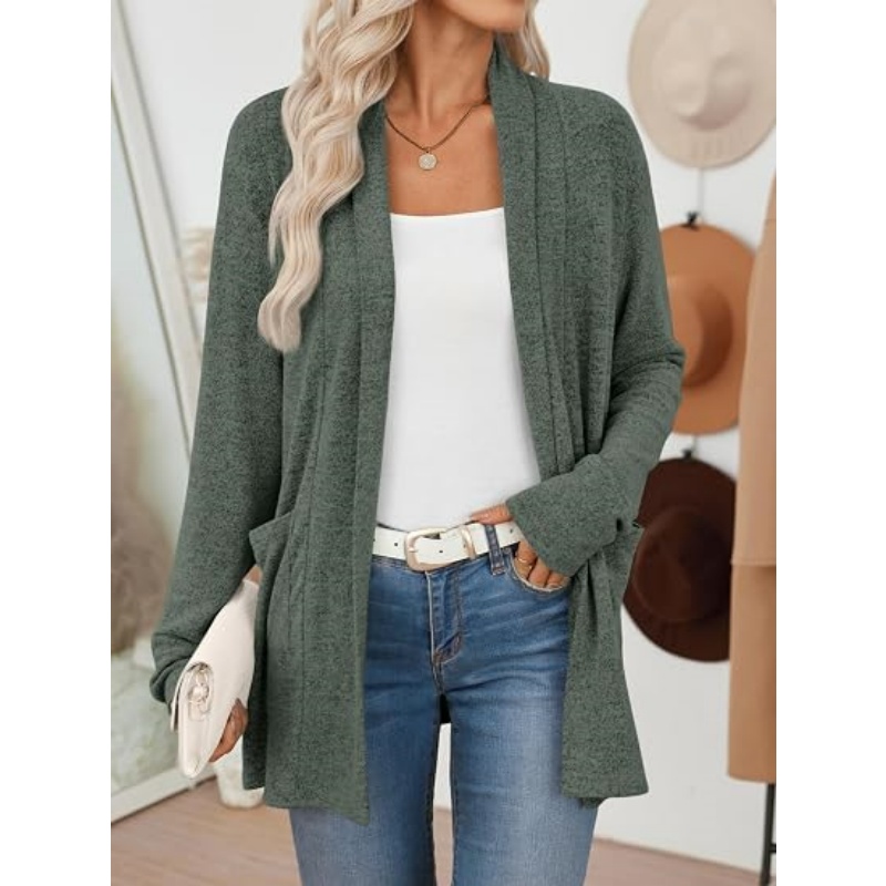 Women Lightweight Open Front Knit Cardigan Long Sleeve Fall Casual Cardigan with Pockets Soft Mid‑Length Outerwear