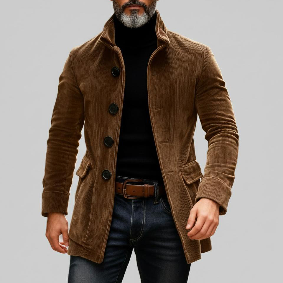 Men's Solid Stand Collar Single Breasted Pocket Corduroy Jackets