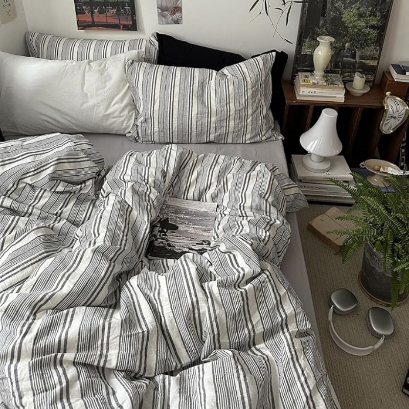 Vintage Gray & White Striped Duvet Cover Set