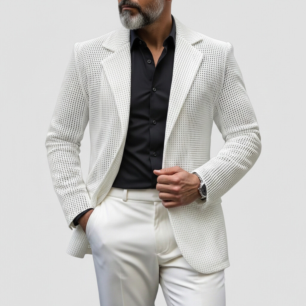 Men's White Hollow Out Notched Lapel Single Breasted Long Sleeve Blazer