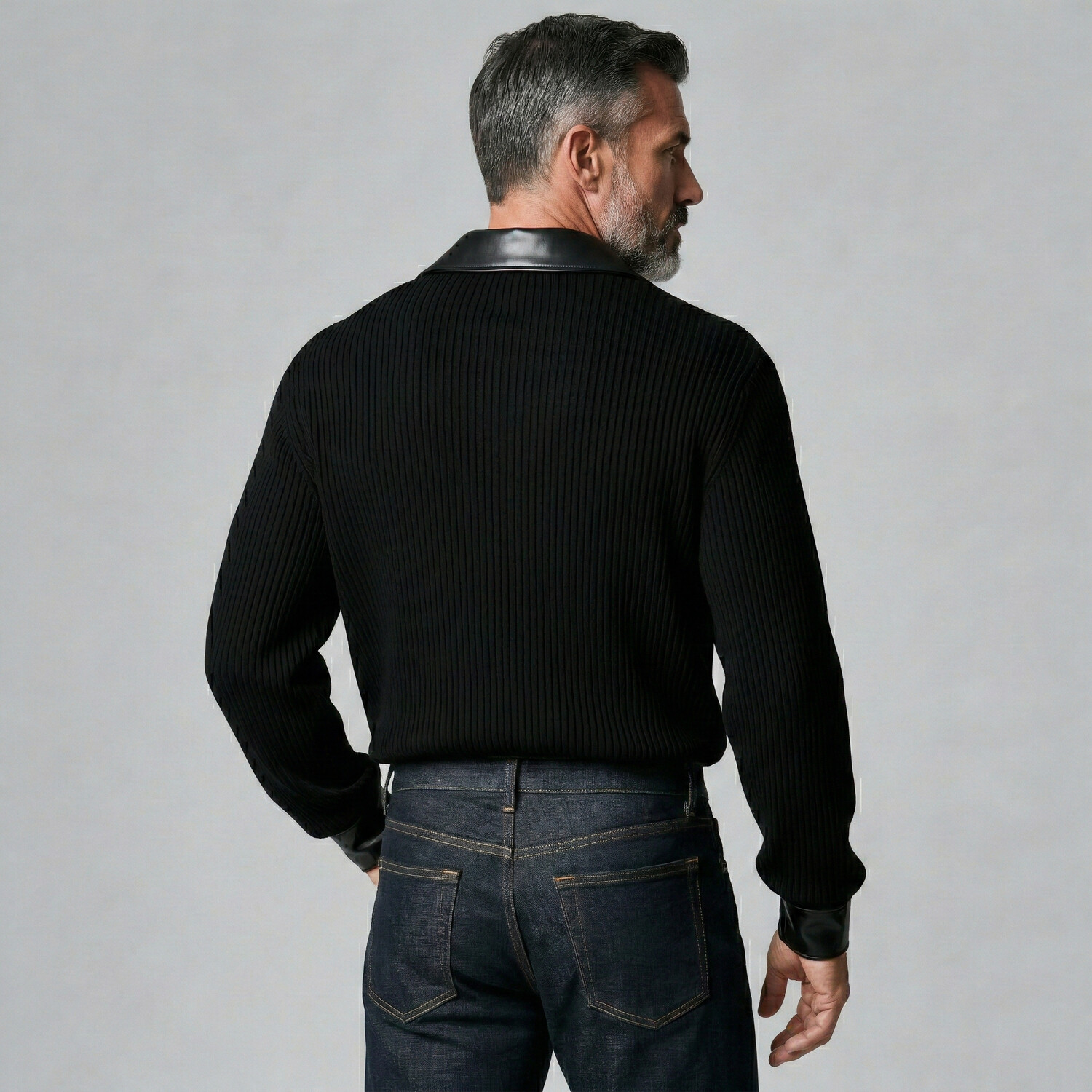 [Pre-Order] Men's Black Patchwork PU Leather Wrap Neck Long Sleeve Knit Shirt