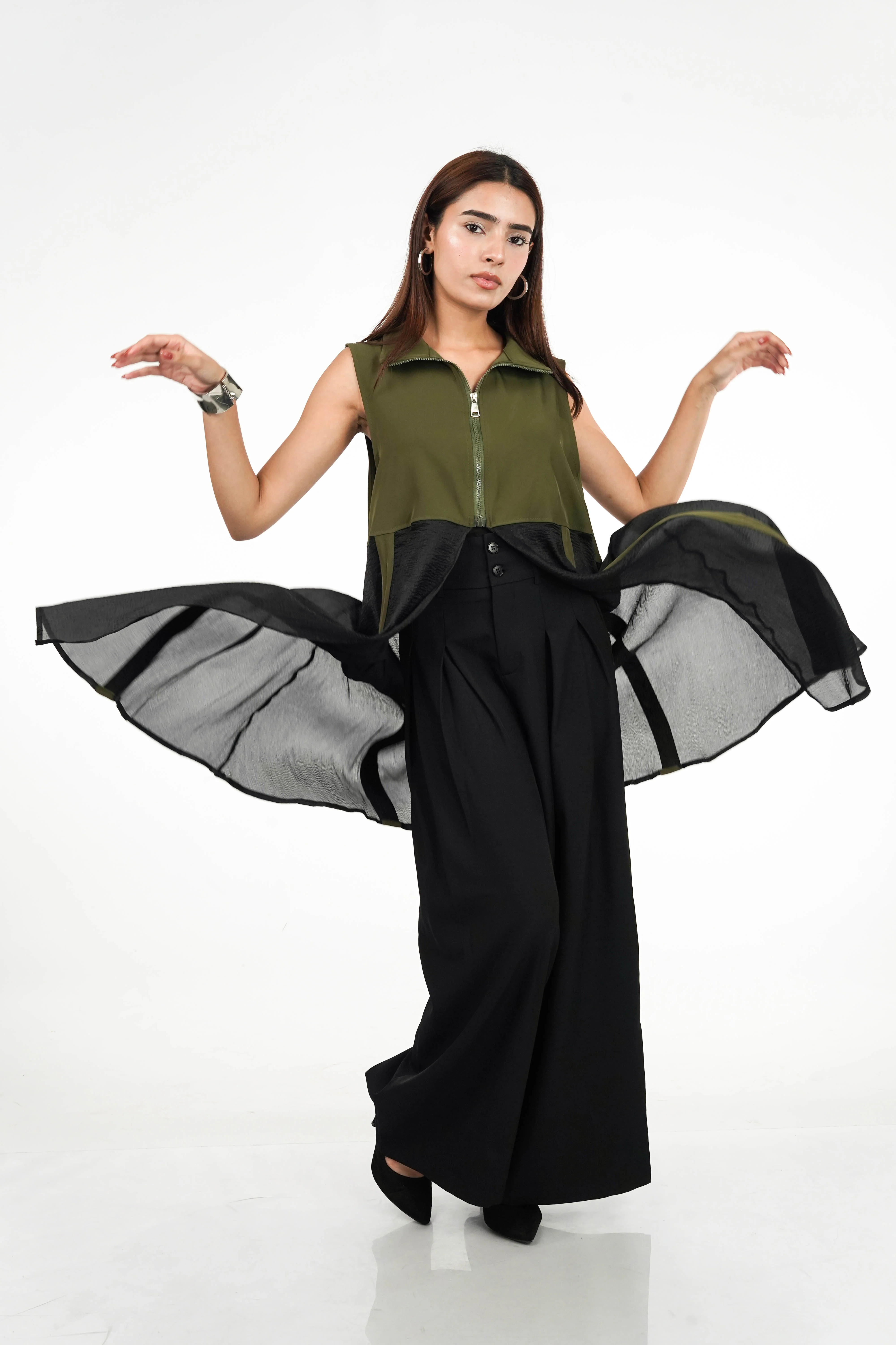 Army Green Zippered Longline Top