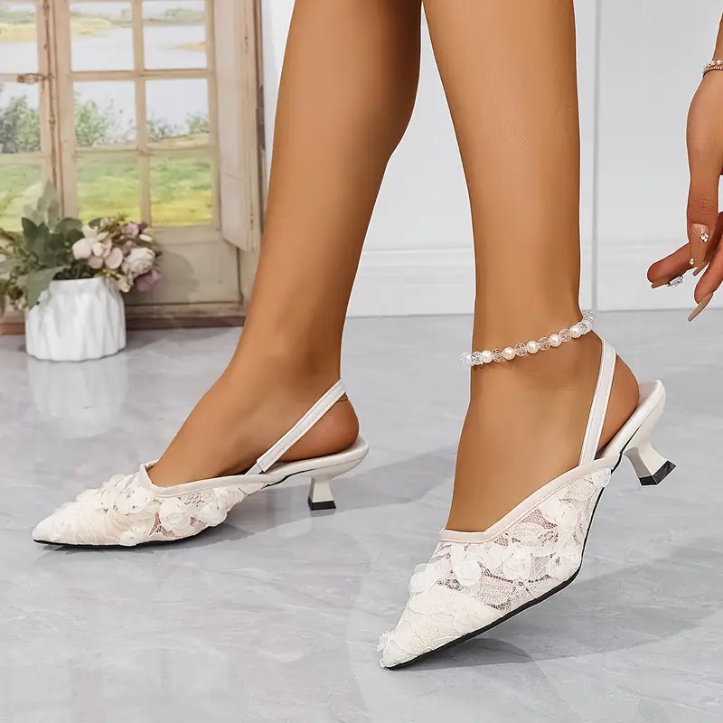 Floral Lace Kitten Heel Pointed-Toe Sandals