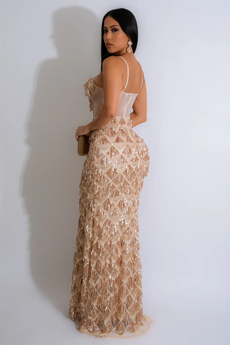 Cami Corset Sequin Fringed Gowns Maxi Dresses-Champagne