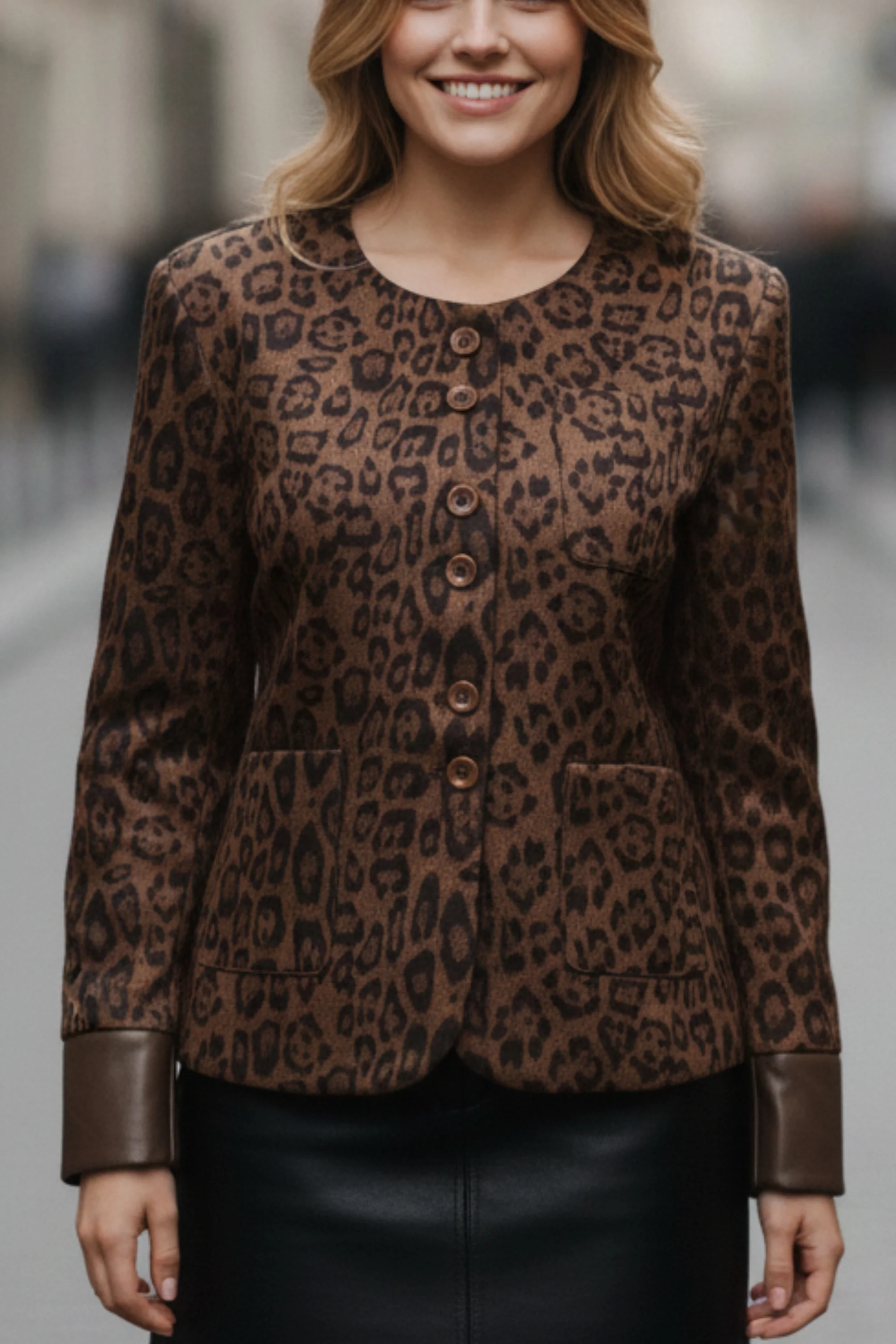 Suede Blazer With Leather Cuff Sleeve