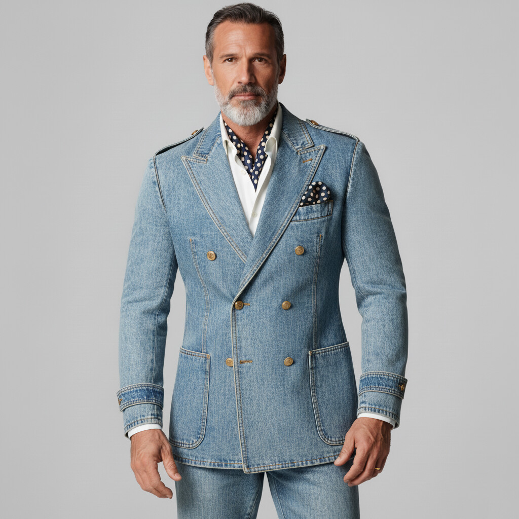 Men's Light Blue Denim Peak Lapel Double Breasted Patch Pockets Long Sleeve Blazer