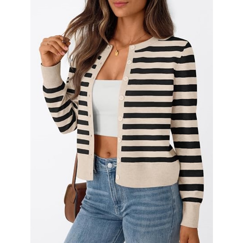Women Lightweight Striped Knit Cardigan Crew Neck Button‑Down Long Sleeve Cropped Casual Knit Outerwear