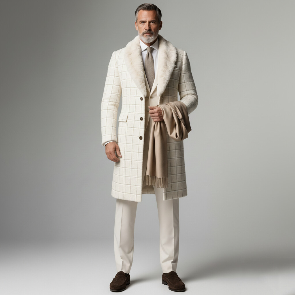 Men's Business Beige Fur Lapel Single Breasted Long Sleeve Plaid Print Trench Coats