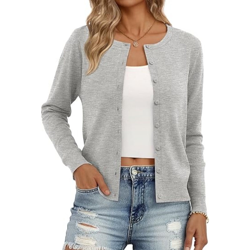 Women's Lightweight Crew Neck Knit Cardigan Long Sleeve Button Down Cropped Knit Outerwear