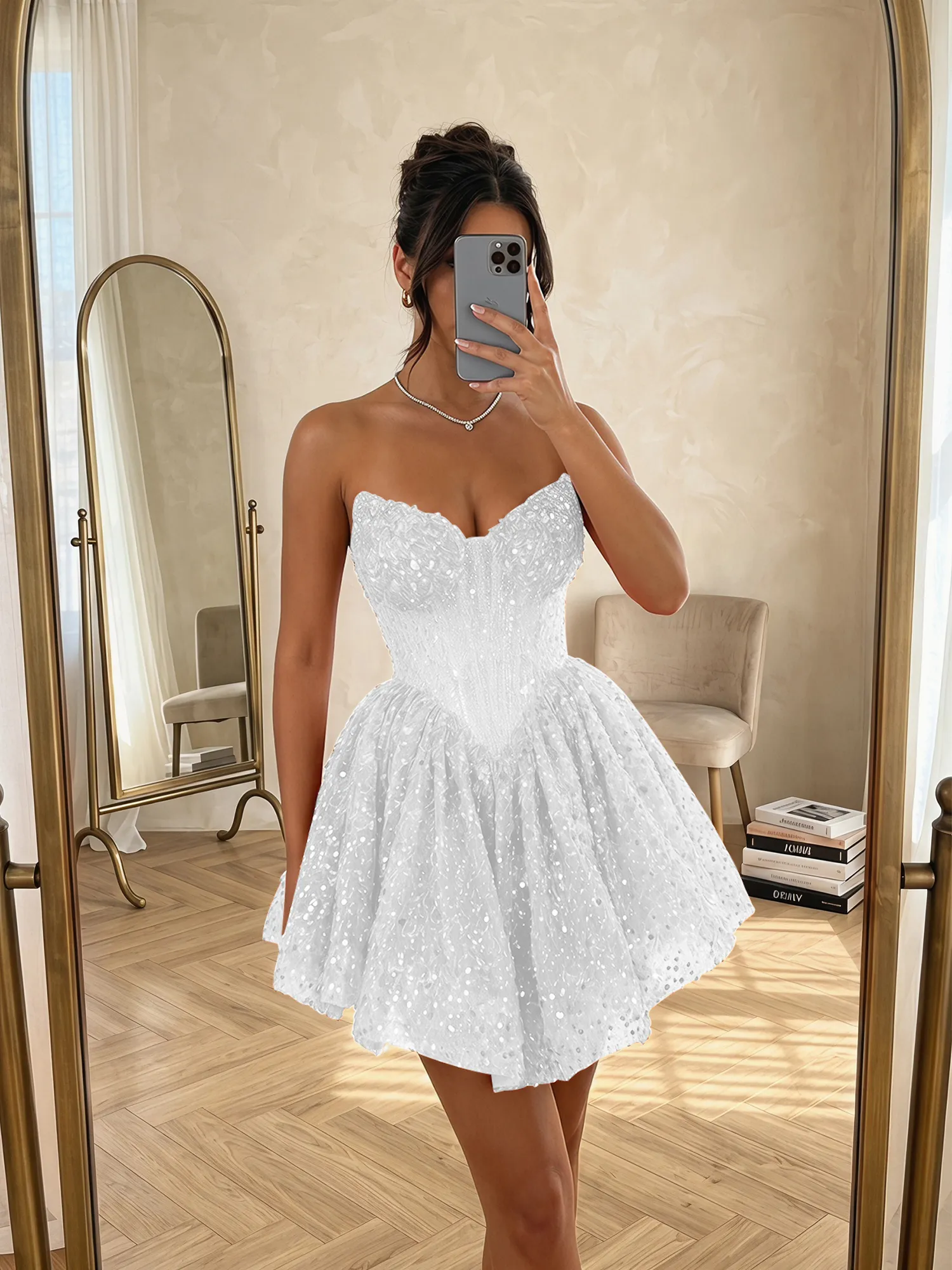 Sequin Strapless Sweetheart Mini Homecoming Dress with Ruffled Skirt