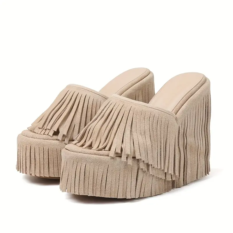 Elegant Tassel Platform Wedge Sandals – Slip-On Round Open Toe with Fringe Detail