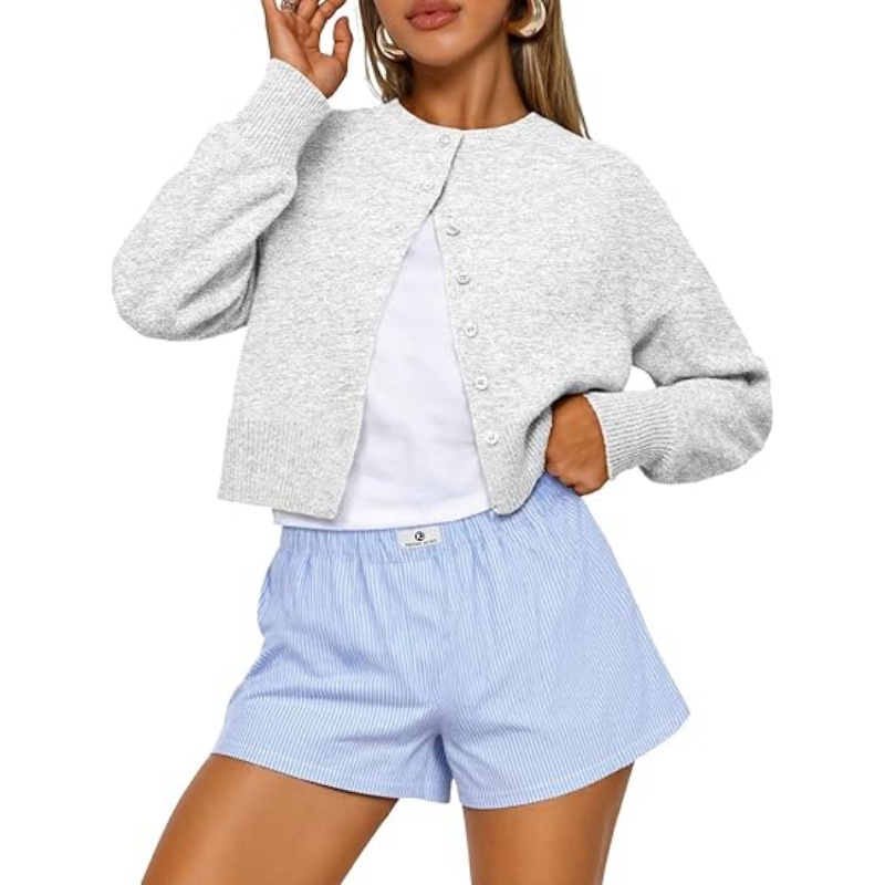 Women Cropped Knit Cardigan Long Sleeve Button Down Crew Neck Lightweight Fall Casual Knit Sweater Outerwear