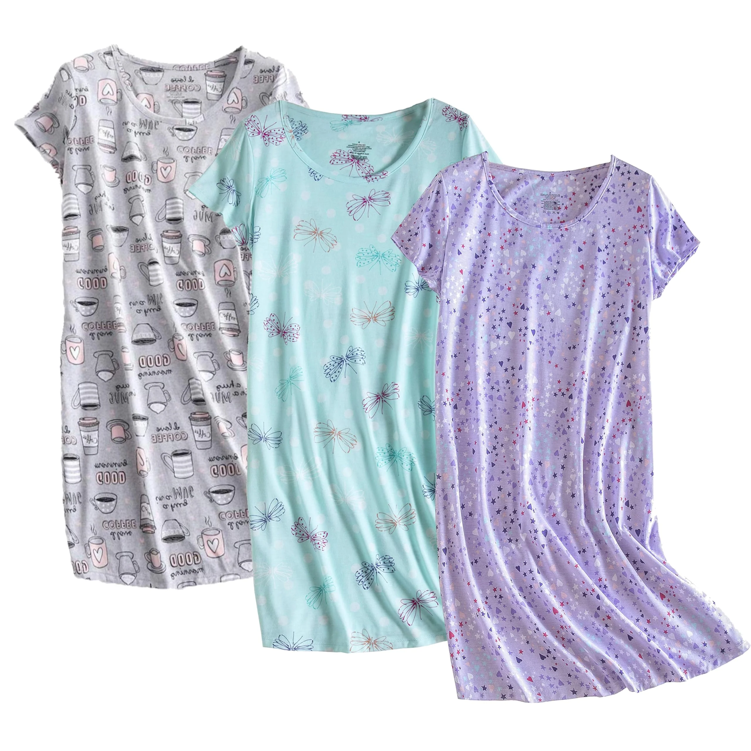 3 Pack Women's Cotton Nightgown Sleepwear Short Sleeves Nightshirt Fun Print Sleepdress Loose Comfy Sleepshirts Cup+Purple+Dragonfly-XL