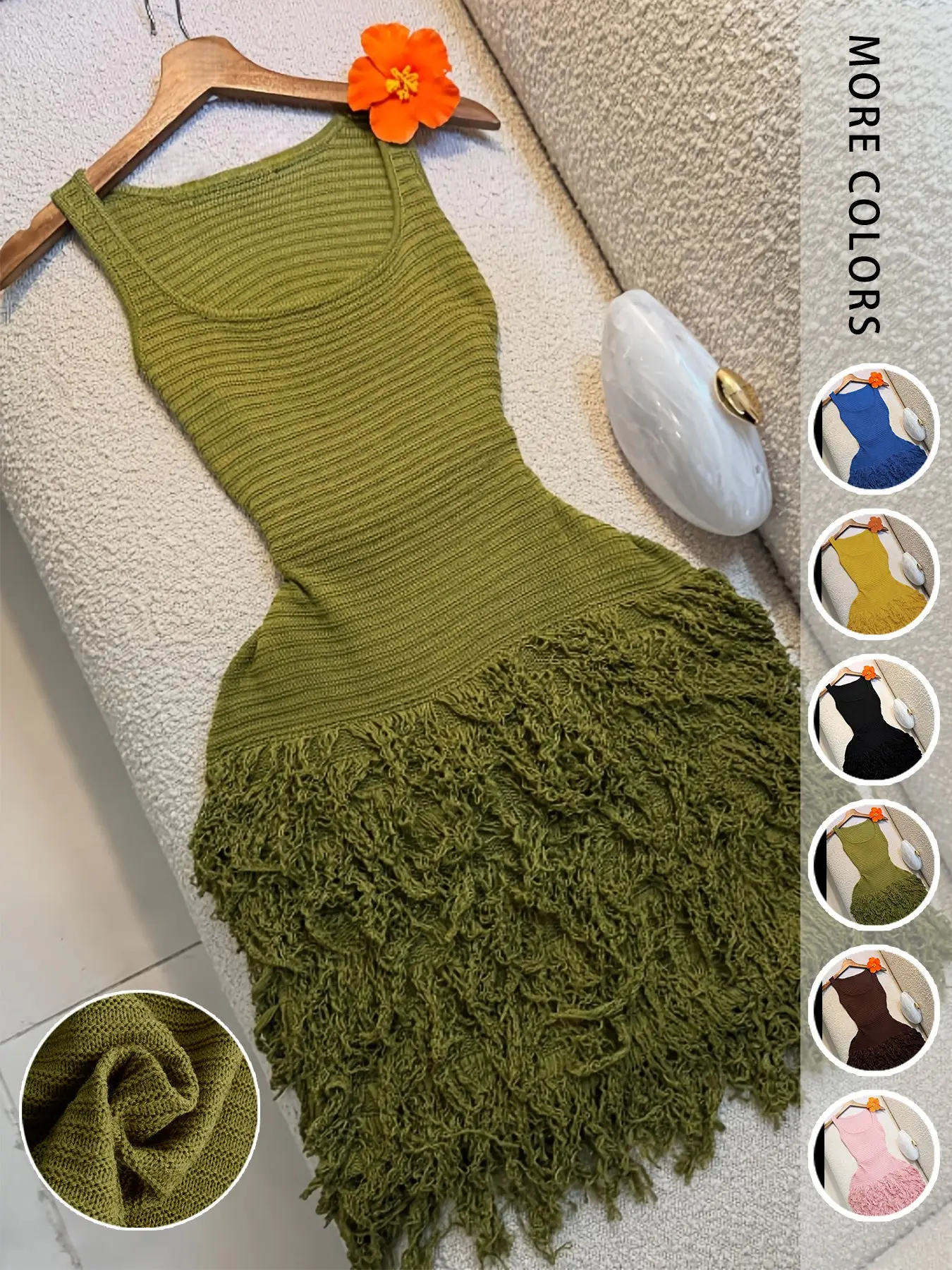 Elegant Knitted Bodycon Dress, Summer Vacation Fringe Skirt