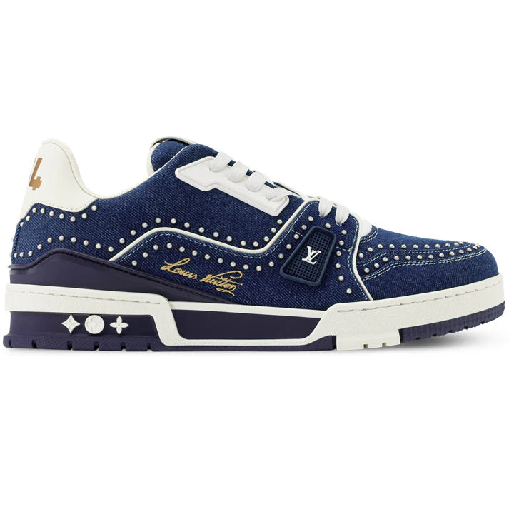 L.V  Trainer Indigo Blue Denim Sneakers with Swarovski™ Pearls