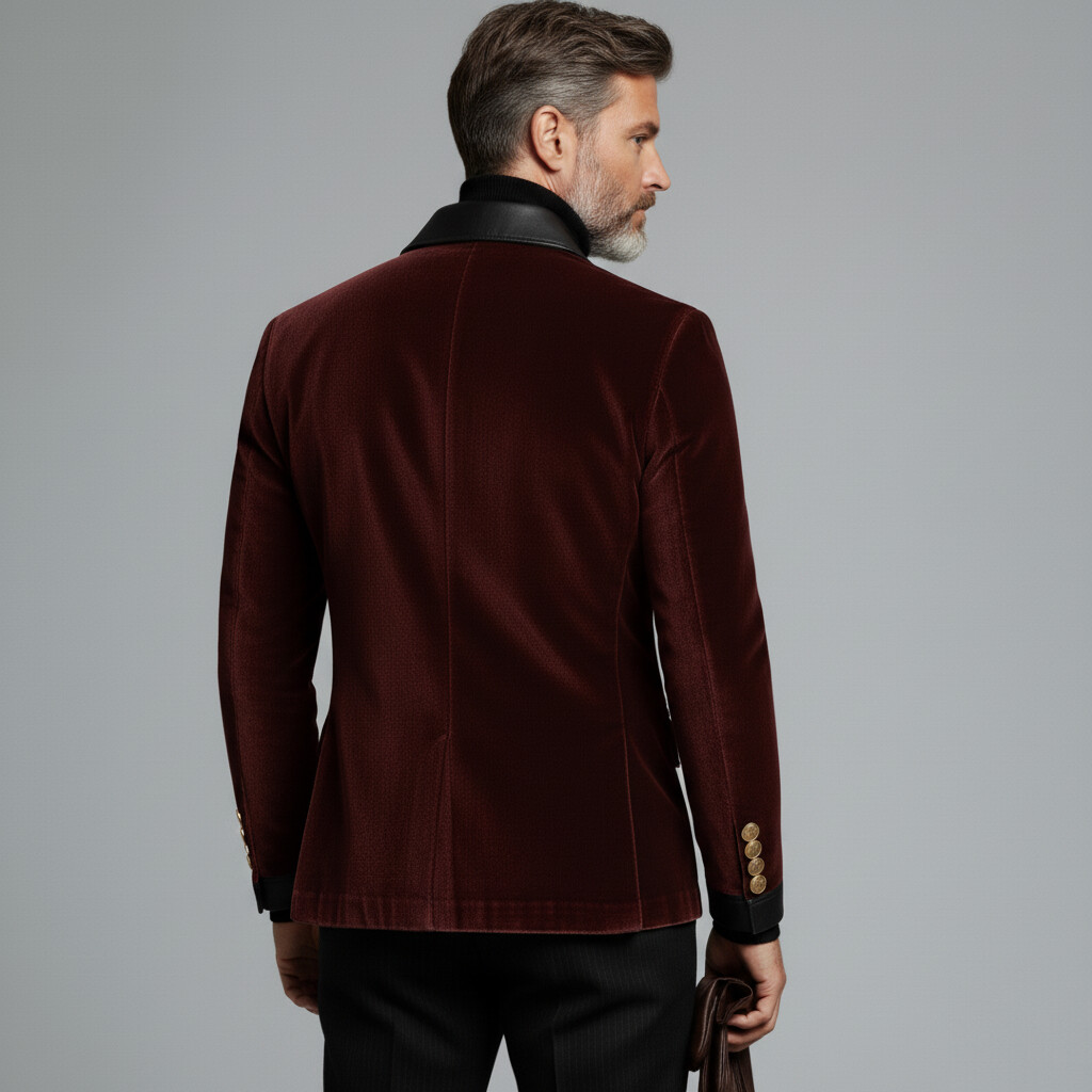 Men's Burgundy Velvet PU Shirt Collar Long Slereve Asymmetrical Button Jackets
