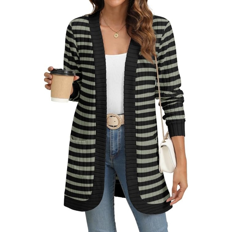 Women Striped Ribbed Knit Cardigan Open Front Long Sleeve Mid‑Length Casual Sweater Cardigan with Side Pockets