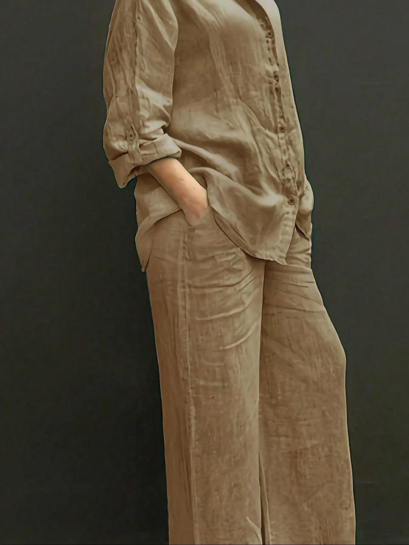 Women's Solid Color Long Sleeve Shirt & Wide Leg Pants Set