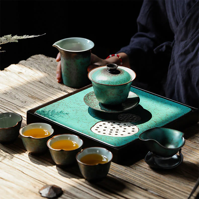 Retro Green Glaze Ceramic Gaiwan Sancai Teacup Kung Fu Tea Cup And Saucer With Lid